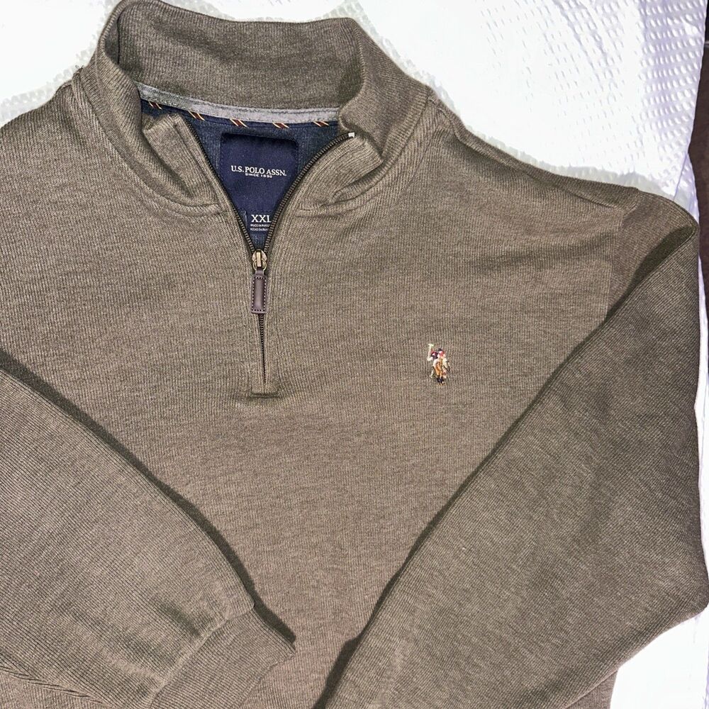 US Polo Assn. Men's 2XL Quarter Zip Flatback Rib Pullover Sweater brown